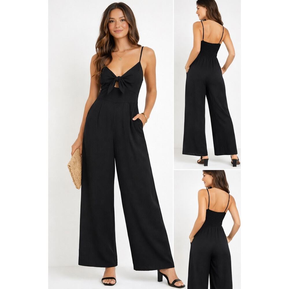 ModCloth Black Wide Leg Jumpsuit Tie Front Rayon Sleeveless Women’s Size M NWT